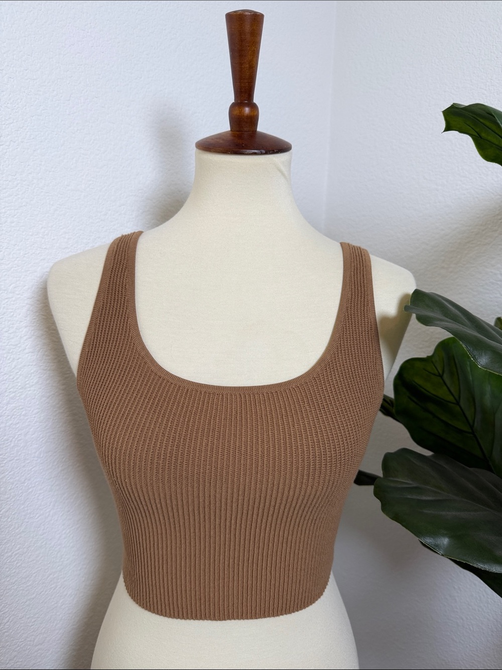 Aritzia Brown Ribbed Square-Neck Crop Top